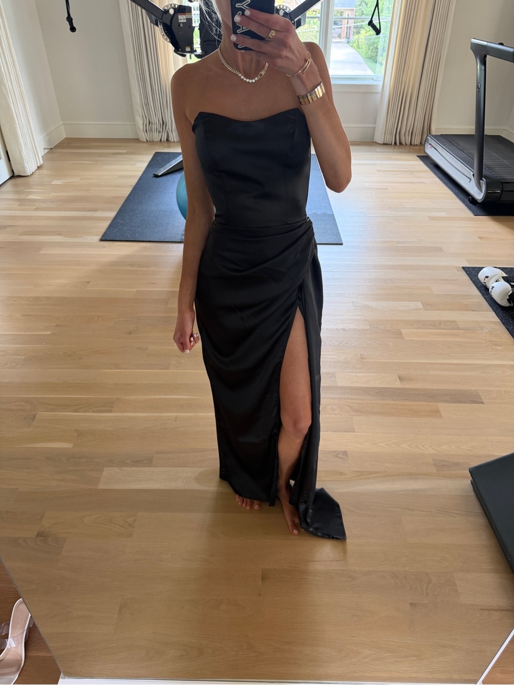 Strapless Black Satin Maxi Dress with High Slit XS